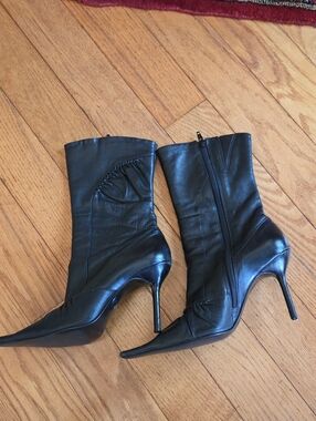 Bronx Black Leather Pointed-Toe Stiletto Ankle Boots